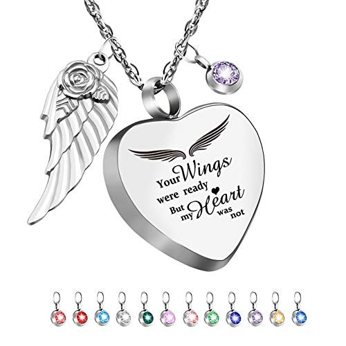 Heart Urn Necklace for Ashes with 12 Birthstones Cremation Your wings-Silver