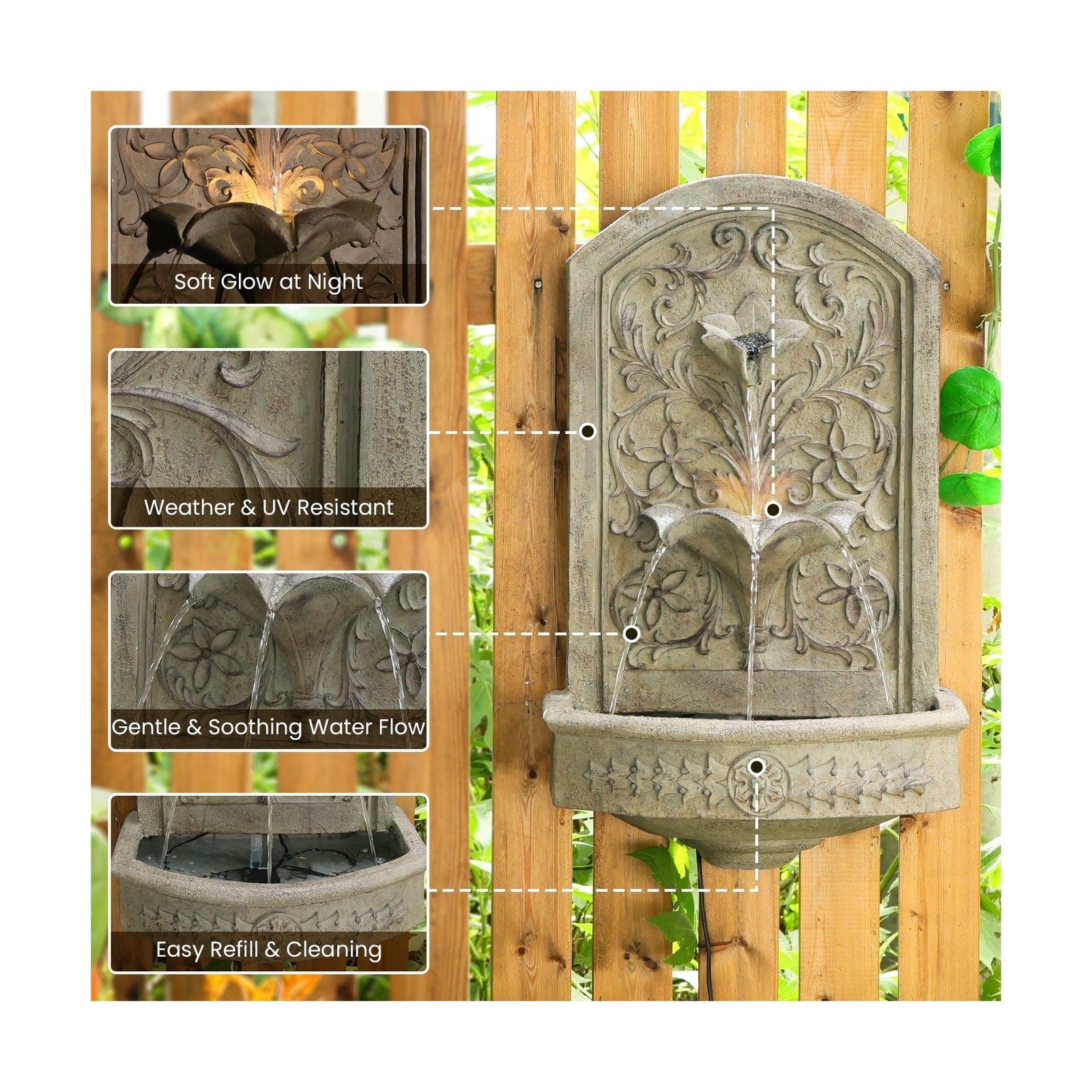Vintage Wall-Mounted Outdoor Fountain, 28.3″ H Resin Garden Water Feature wit…