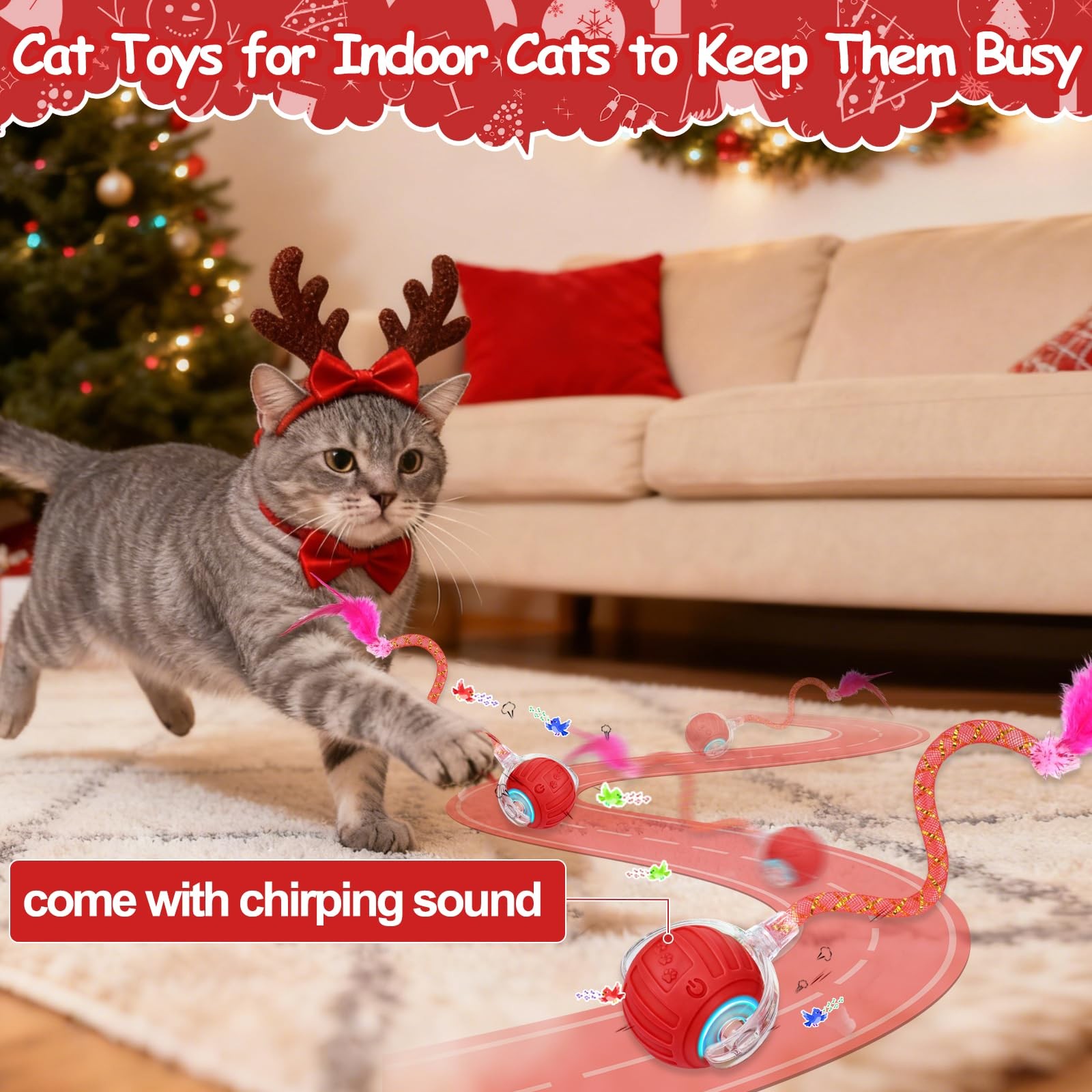 Interactive Cat Toy Ball w/ Feather Tails – Christmas Gift for Indoor Cats