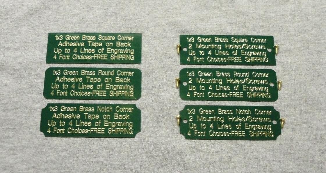1×3 Custom Engraved Green Brass Plate, Trophy, Taxidermy, Picture, Flag, Pet