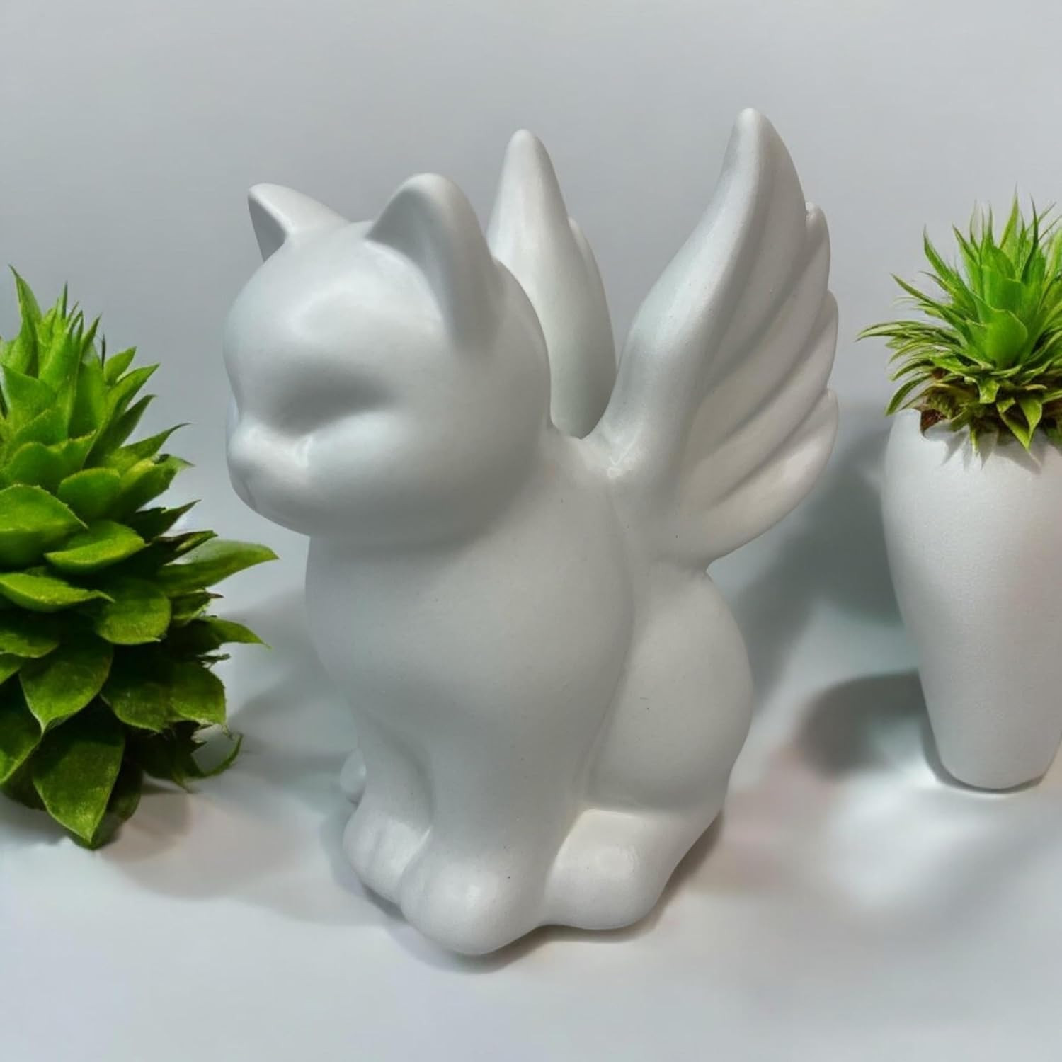 Angel Wing Cat Figurine/Memorial Cat Lover Tribute – 4 3/8” Tall Ceramic Stonewa