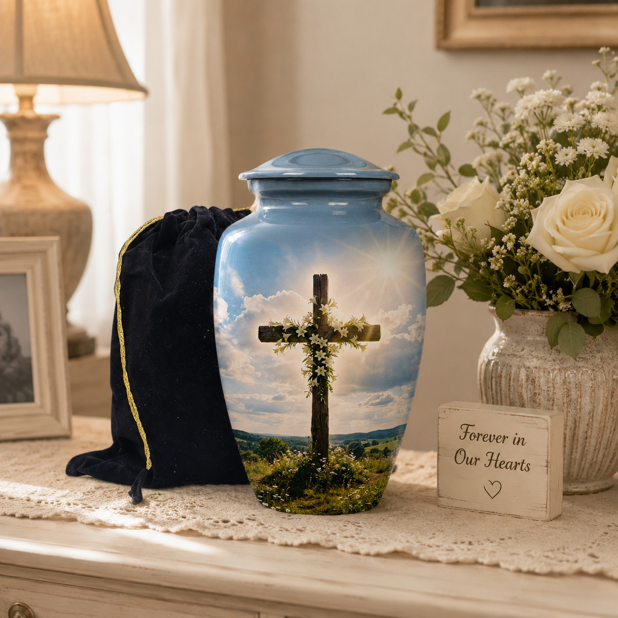 Large Blue Christian Cross Cremation Urn Human Ashes Adult for Your Love Ones