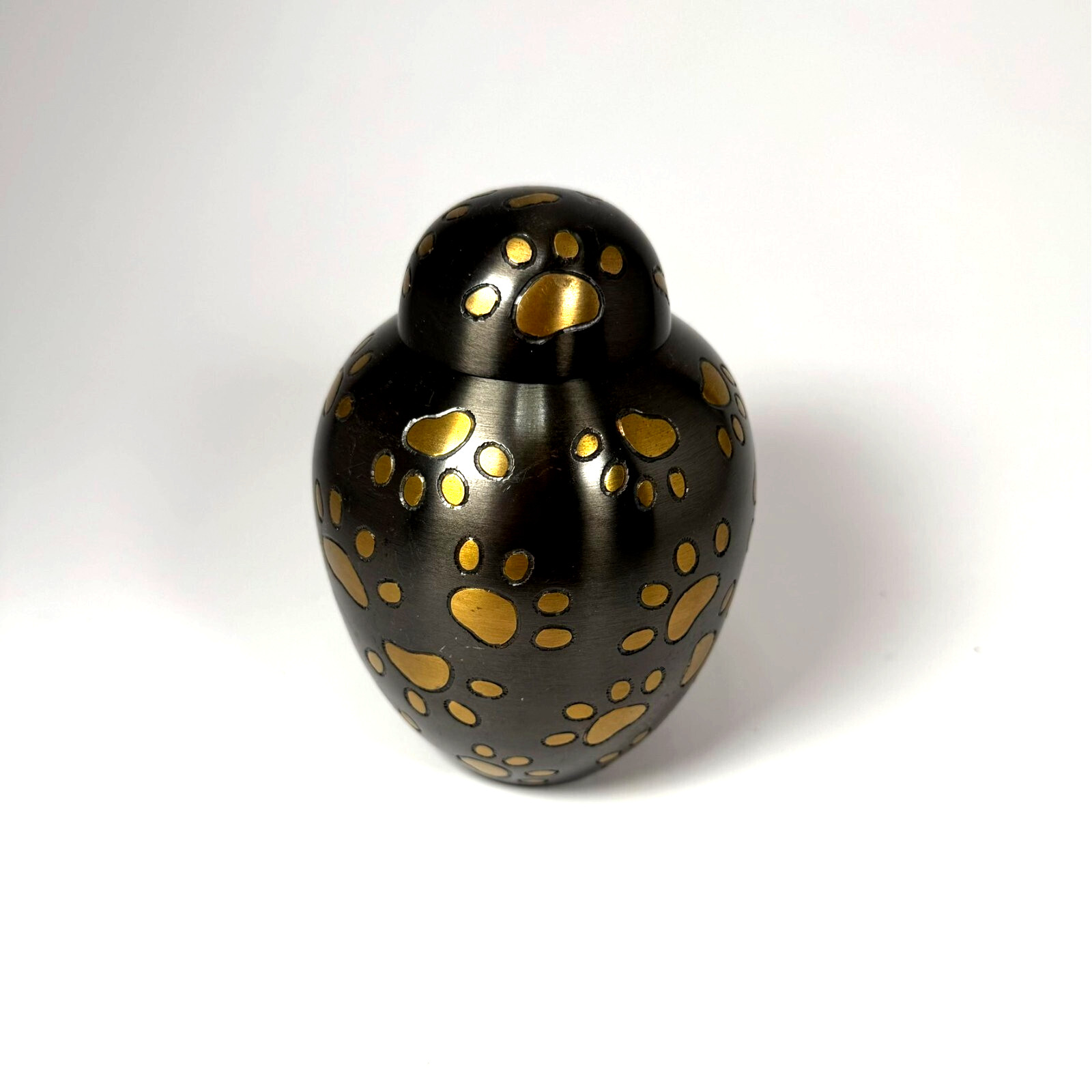 Pet Urn Metal 5 1/2″ tall Paw Prints Gray and Gold Cremation Ashes NWOT