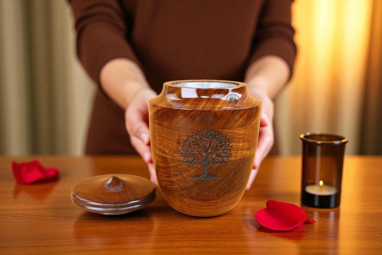 Handcrafted Rosewood Cremation Urn – Tree of Life Engraved Wooden Funeral Urn