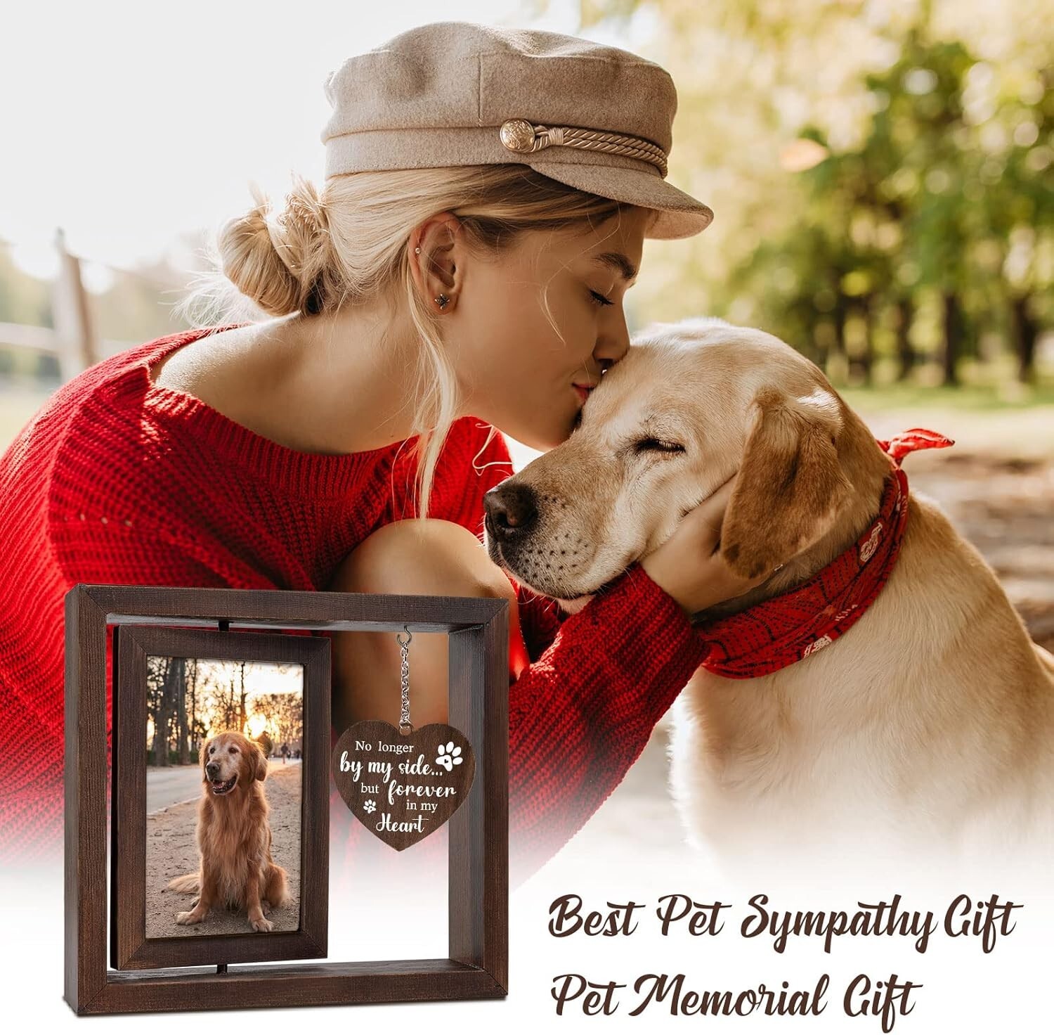 Pet Memorial Gifts for Dogs Cats – Rotating Wooden Picture Frame for 4×6 Photo