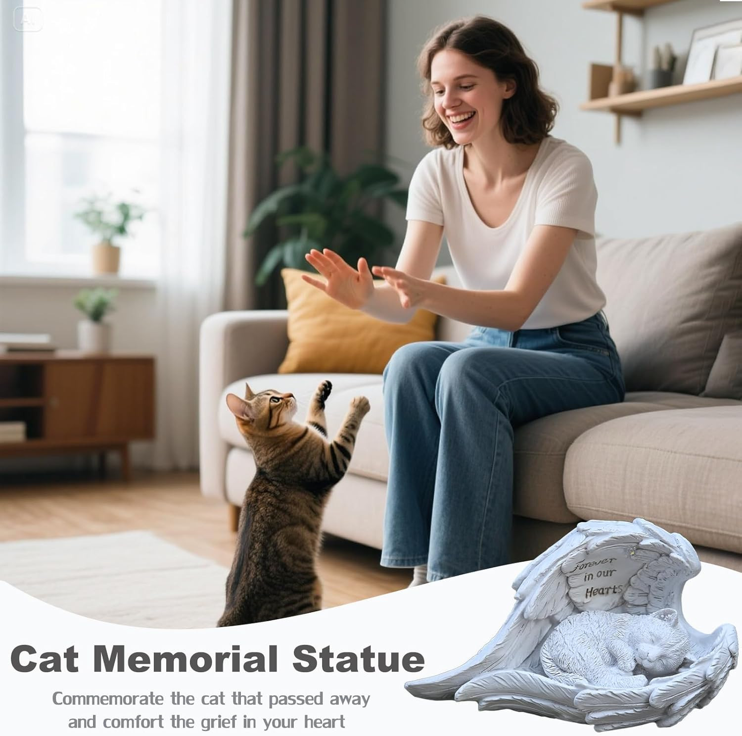 Cat Memorial Gifts for Loss of Cat, Peaceful Sleeping Solar Angel Cat Statue Out