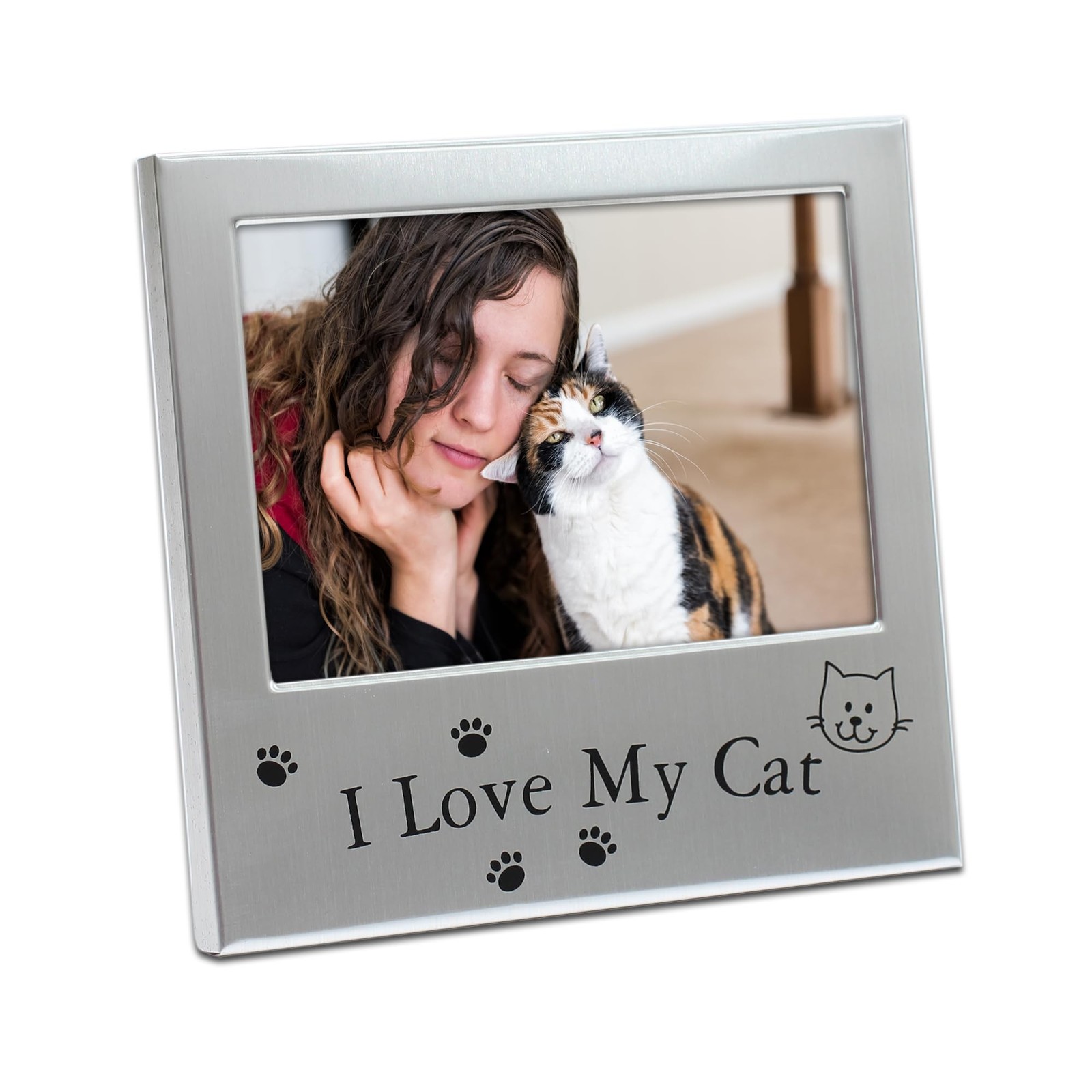 5×3 I Love My Cat Picture Frame, Silver-Tone Metal Pet Photo Frame with Paw P…