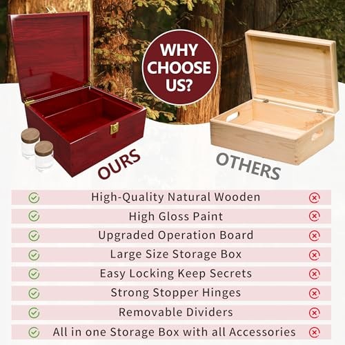 Large Wooden Box Decorative Storage Box with Lock & Accessories – Burgundy