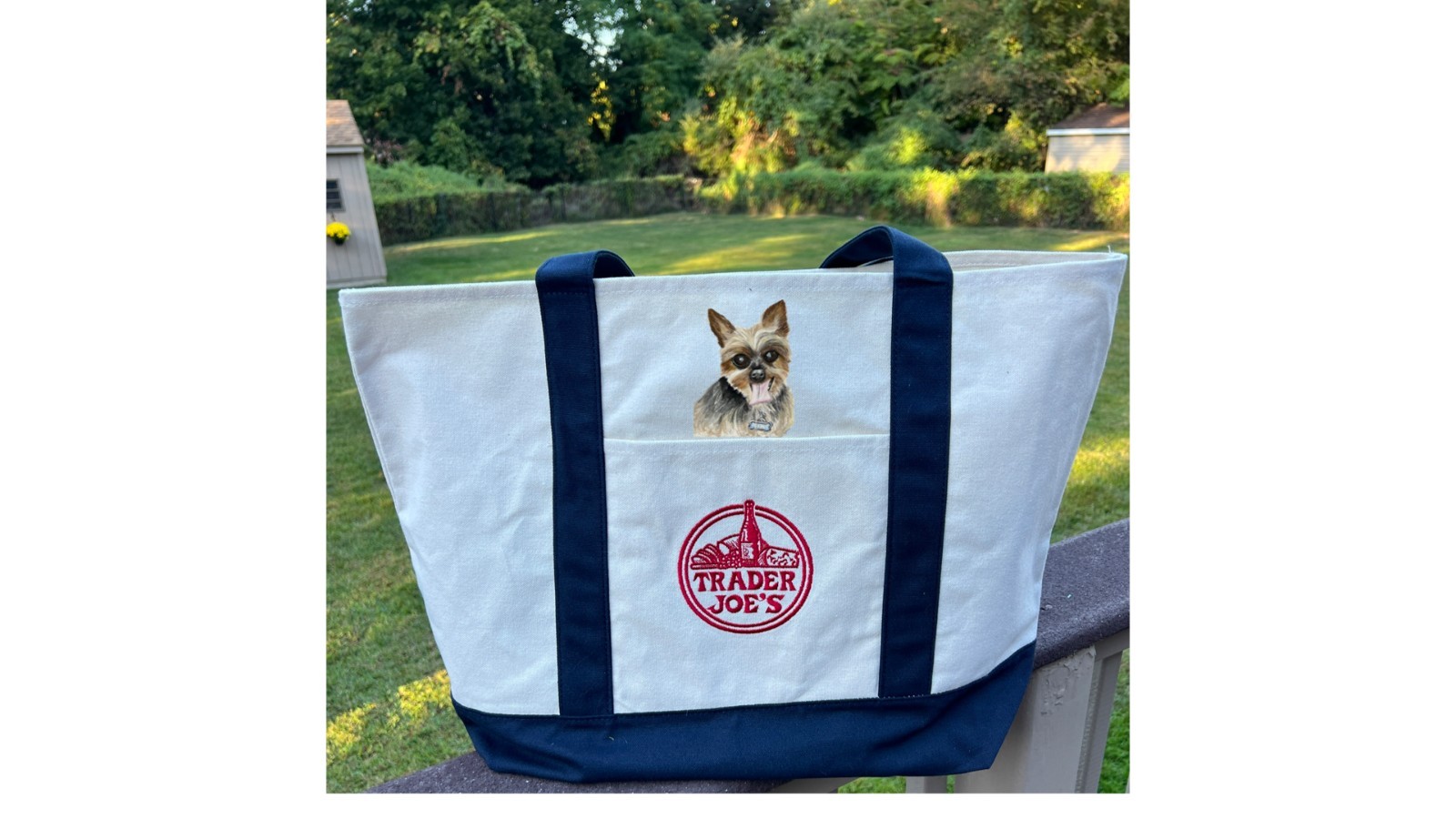 TRADER JOES LARGE CANVAS TOTE BAG HAND PAINTED DOG PET PORTRAIT FROM PHOTO