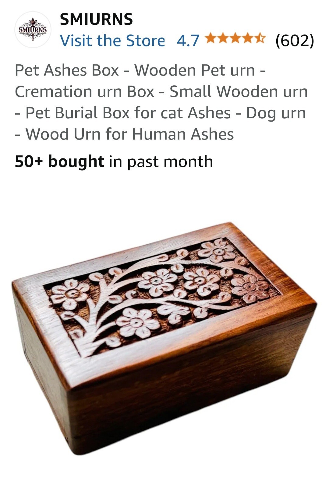 Tree of Life Pet Urn Medium Hand Engraved Wooden Natural Rosewood Box