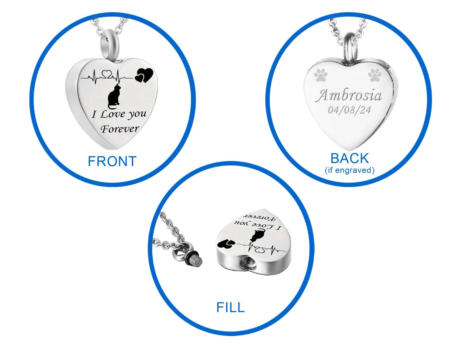 Forever Loved Cat Keepsake Urn Interchangeable Necklace or Key Ring, Engravable