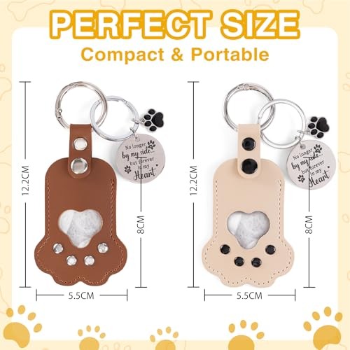 Leather Dog Memorial Keychain: Pet Paw Print Fur Keepsake – Cute Brown & Beige