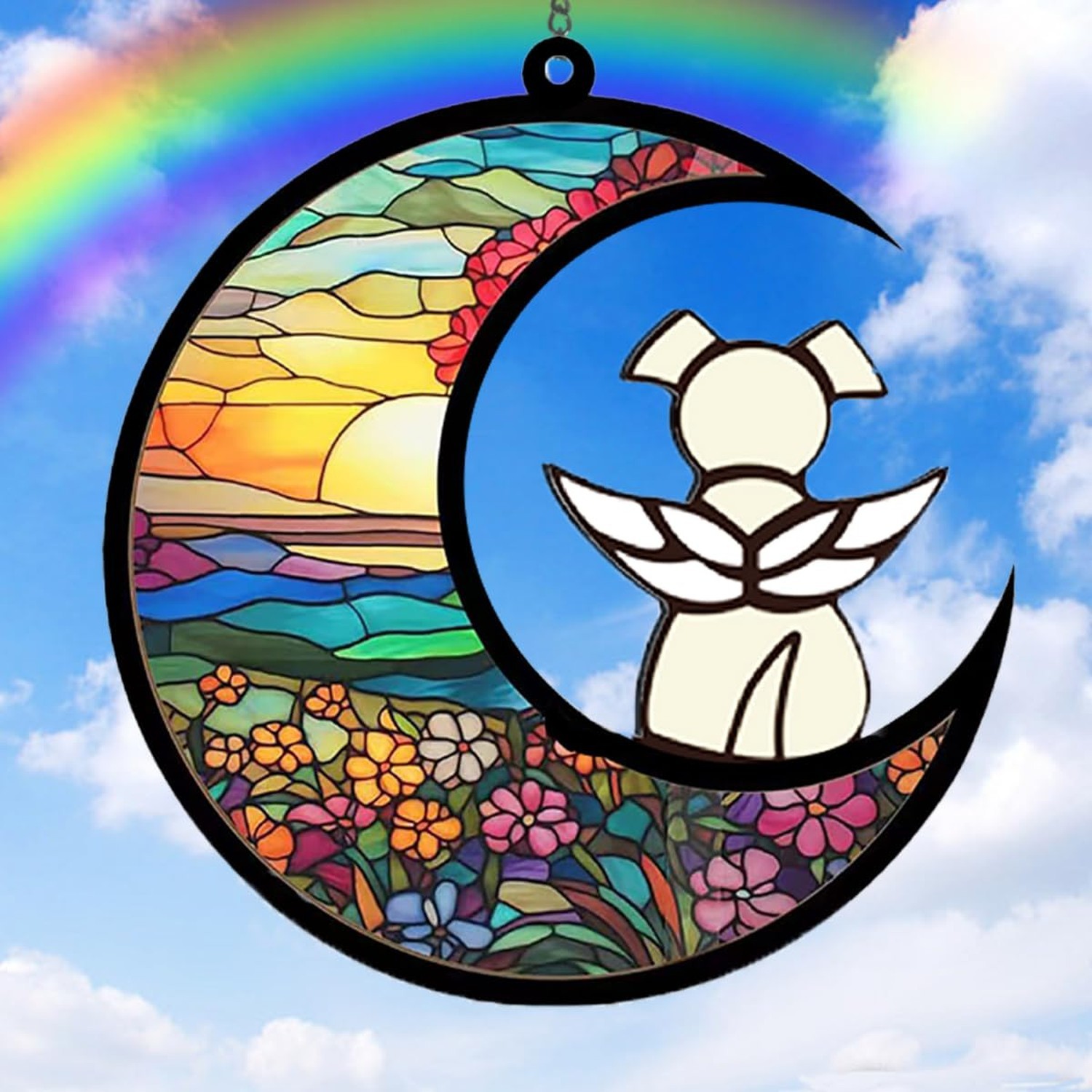 Memorial Pet Sympathy Suncatcher – White Angel Dog on Flower Moon Beverage Ac…