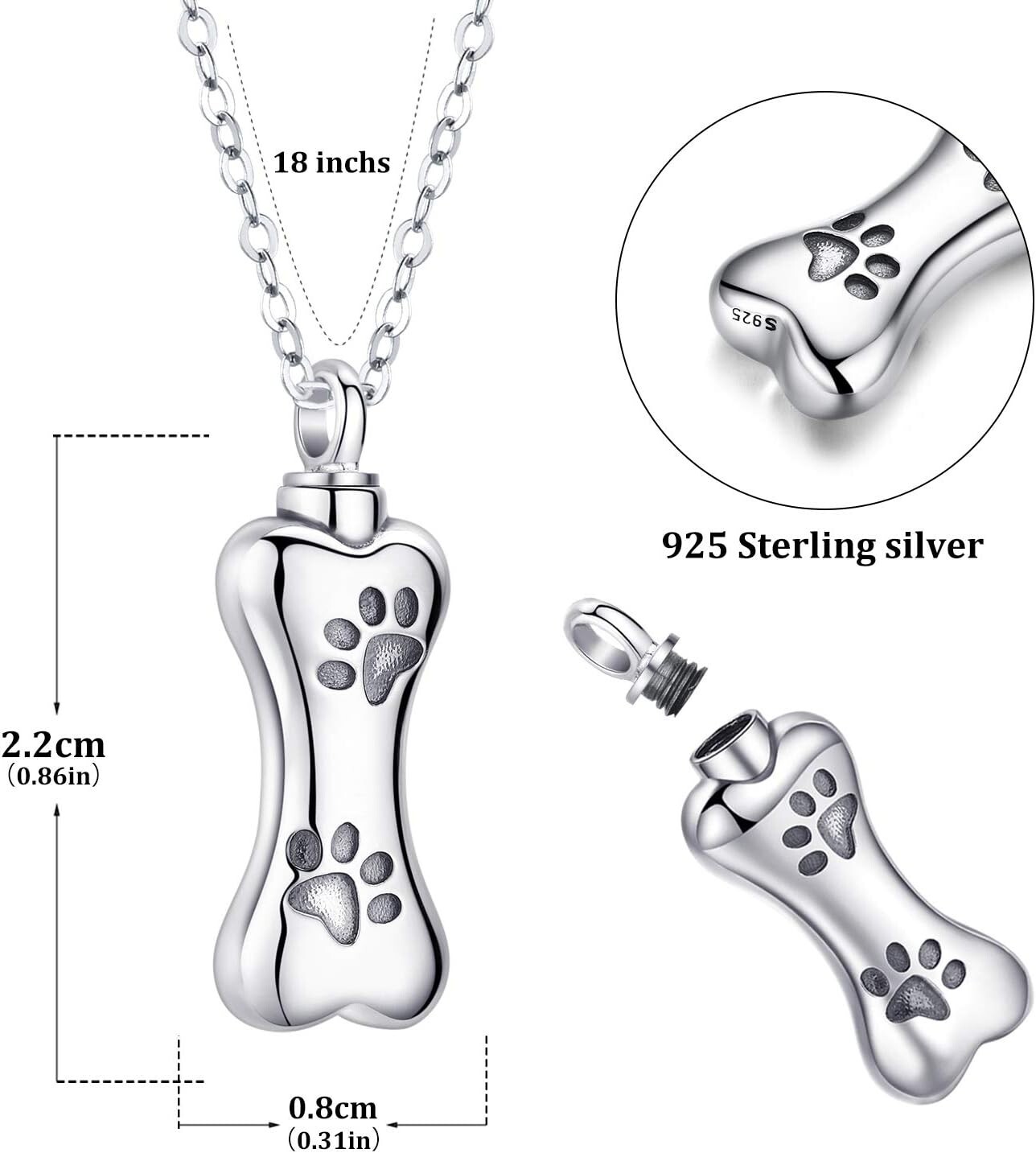 Unique Paw and Bone Urn Necklace for Pets – 925 Sterling Silver Keepsake Jewelry
