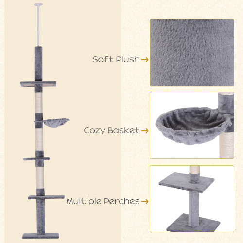 9 Foot Adjustable Height Floor To Ceiling Vertical Cat Tree – Grey And White