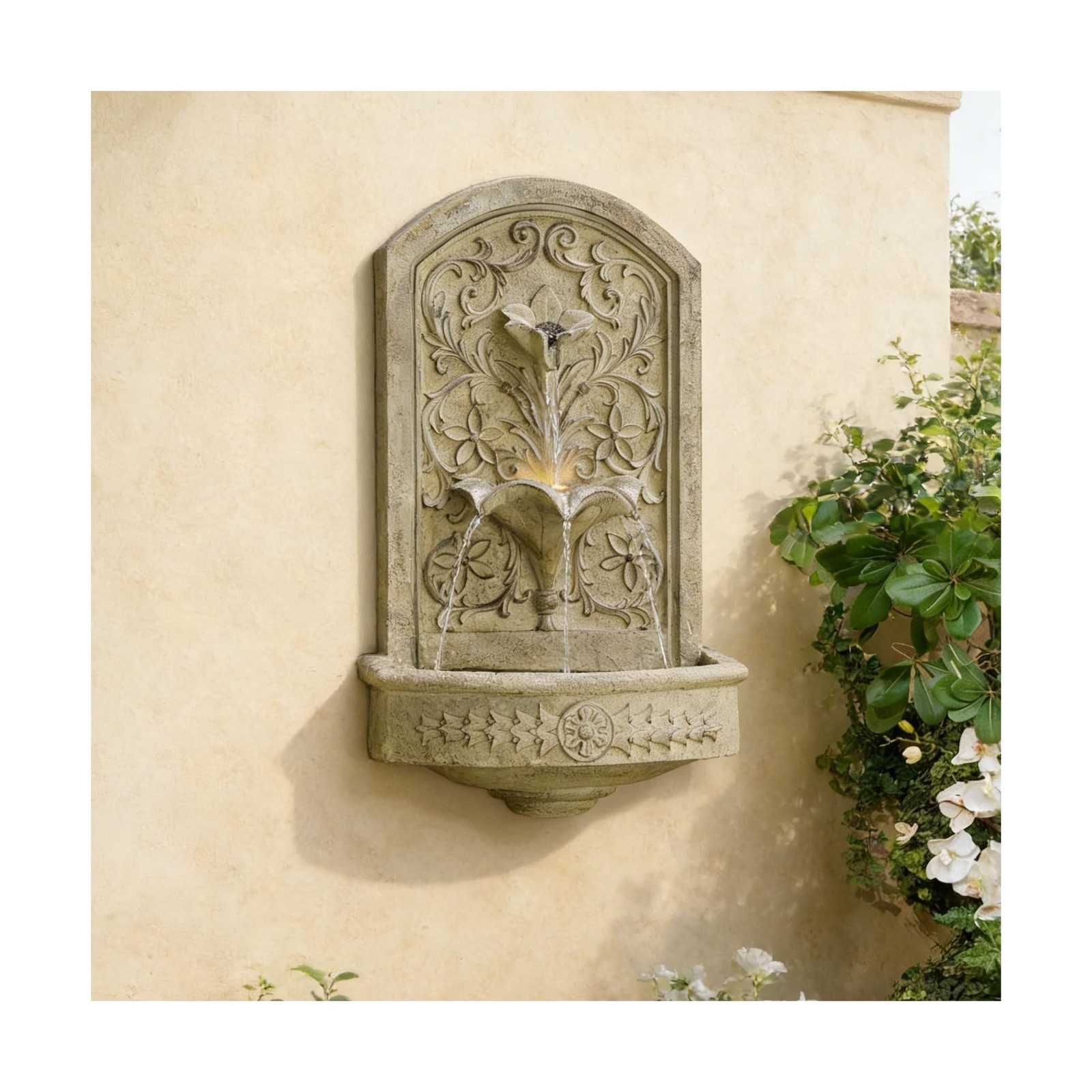 Vintage Wall-Mounted Outdoor Fountain, 28.3″ H Resin Garden Water Feature wit…