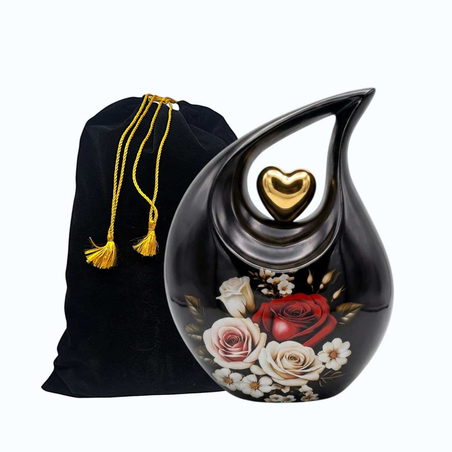 Black Teardrop with Golden Heart & Flower Print Urn for Ashes Men Women w/ Bag
