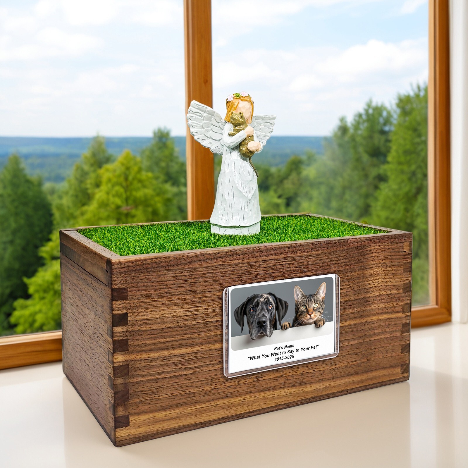 Cat Pet Memorial Urn Black Walnut Material With Photo Frame And Angel Sculpture
