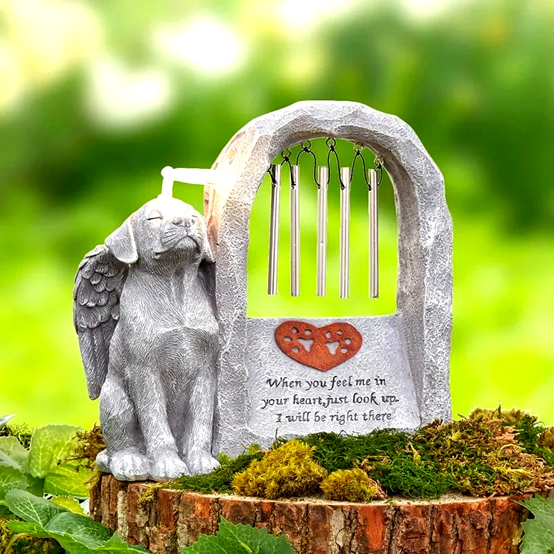 Solar Lighted Dog Pet w/ Angel Wings Paw Prints Memorial Statue Sculpture 9″H