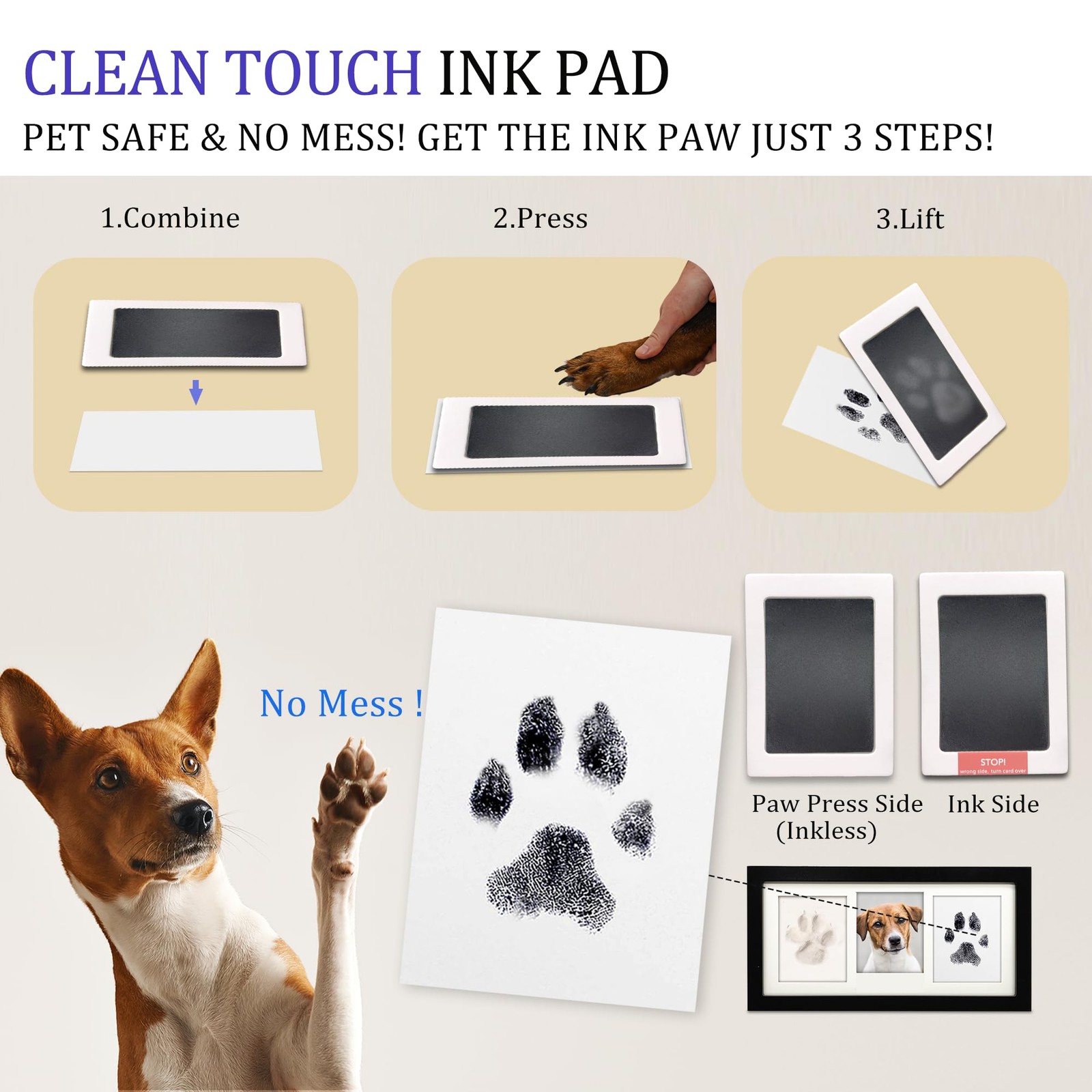 Paw Print Frame Kit,Dog/Cat Paw Print Kit,Soft Pawprint Clay&Clean Touch Ink …