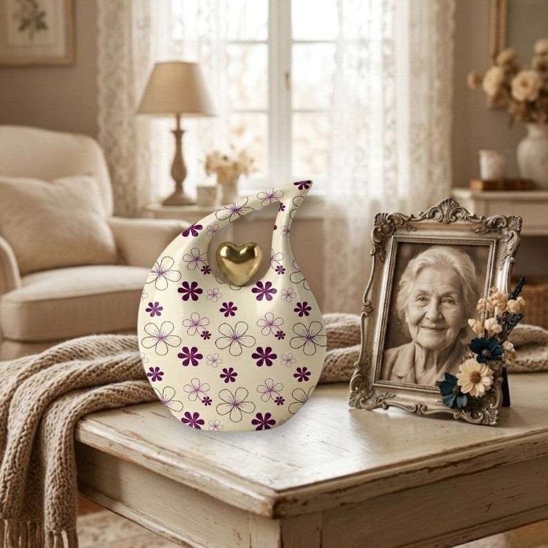 Cream Purple Daisy Aluminum Cremation Urn 200 Cu In Adult Ashes Gold Heart Urns