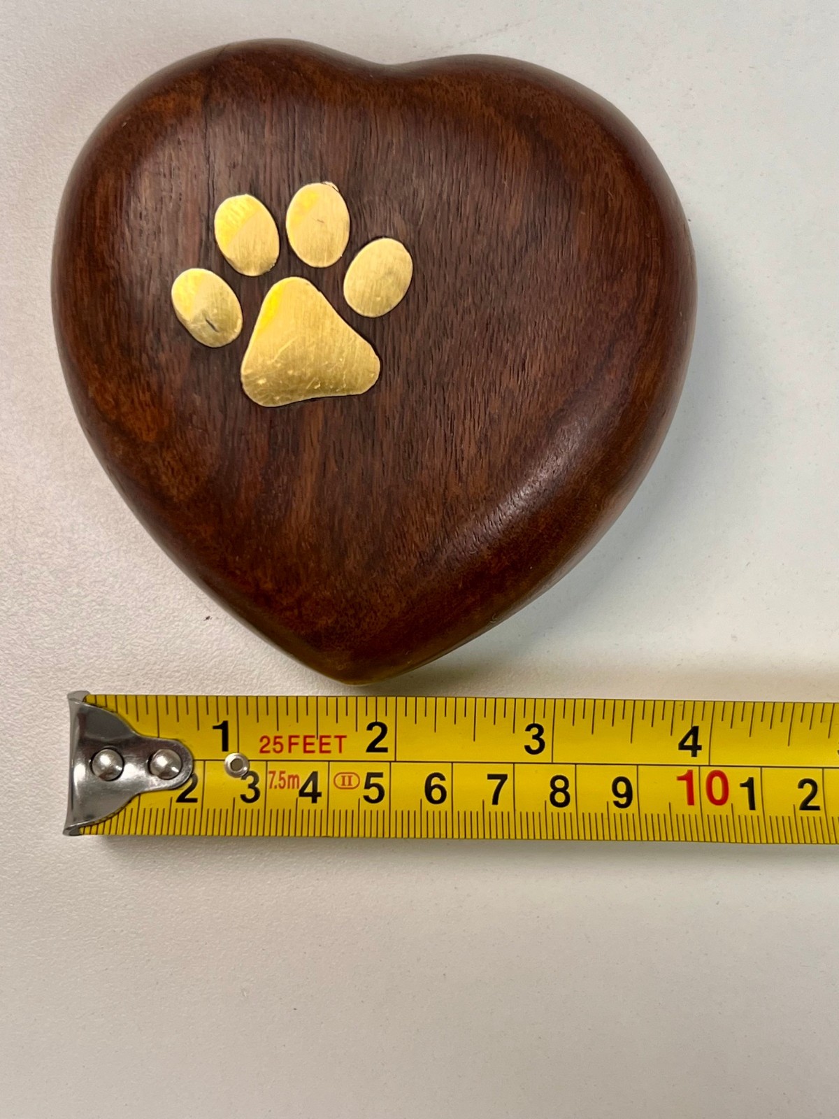 Wood Pet Cremation Urn Heart Shape w/ Brass Paw Print Memorial Keepsake Small
