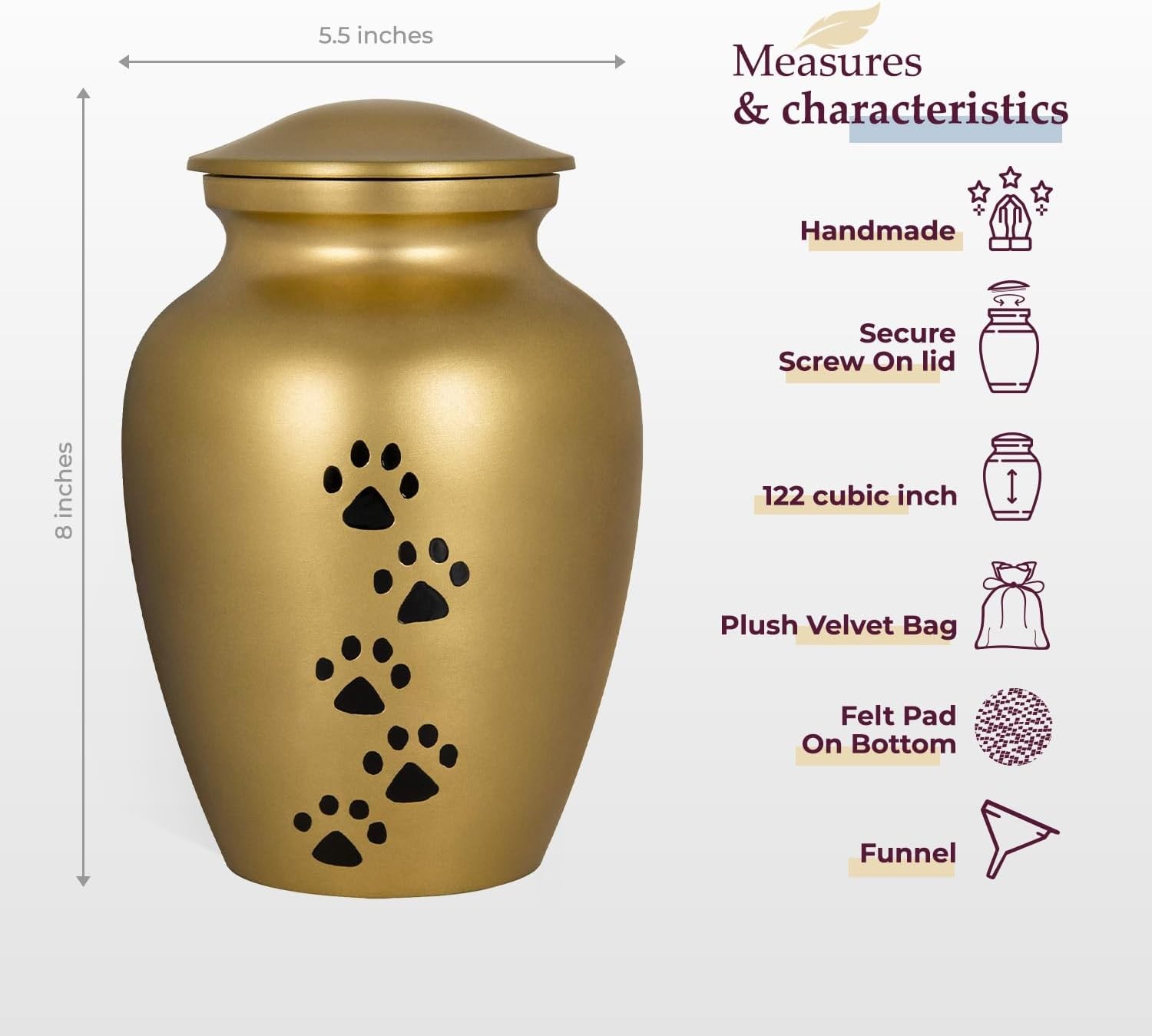 Trupoint Memorials Large Pet Urn for Dogs and Cats Ashes, Paws Print Gold