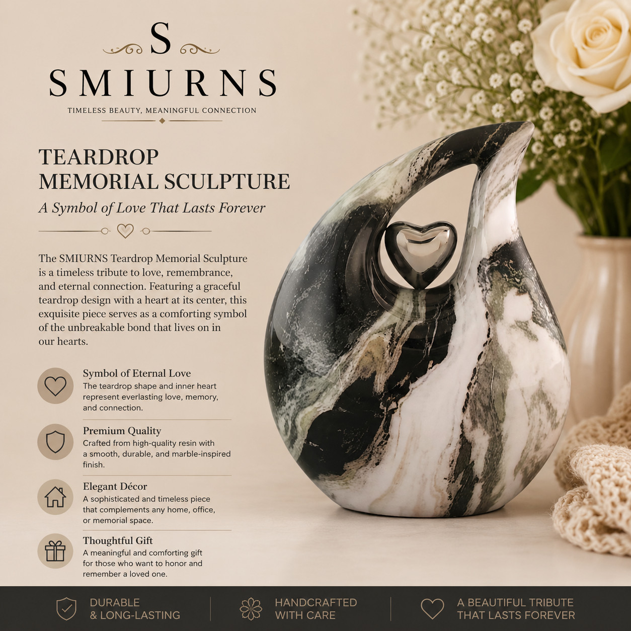 Black White Marble Teardrop Cremation Urn Adult Human Ashes for Men & Women