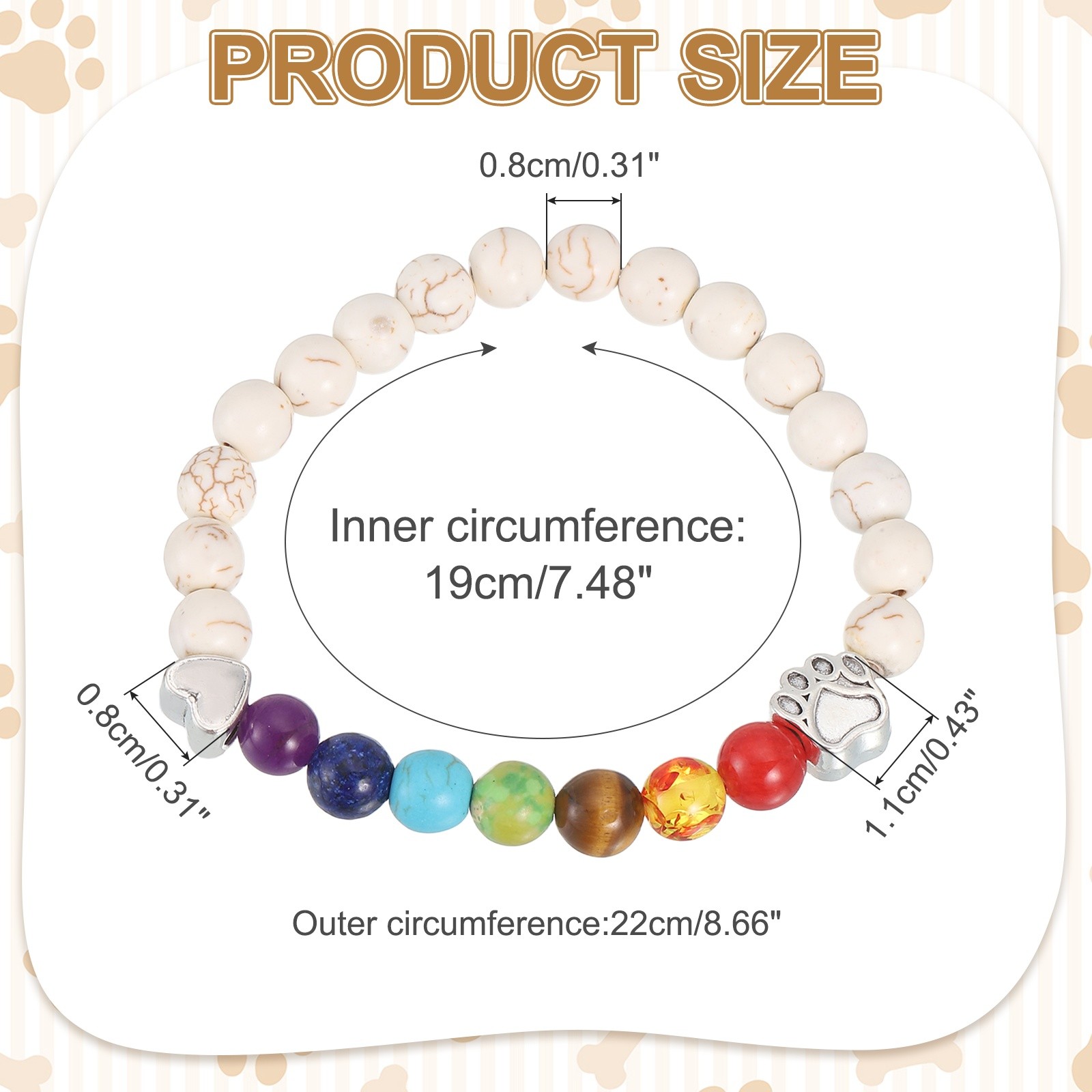 Stone Paw Bracelet,Heart Rainbow Paw Print Dog Mom Memorial Bracelet,White