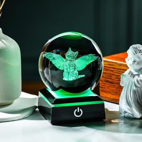 3D Cat Memorial Gift with LED Base – Angel Wing Crystal Ball for Cat Lovers, Sym