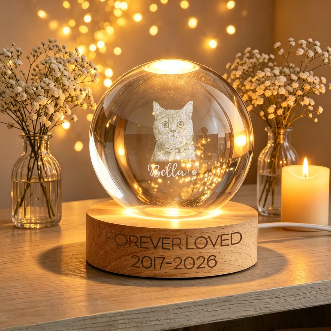 Custom Pet Memorial Crystal Ball Light Dog Photo Engraved Night Lamp Gift