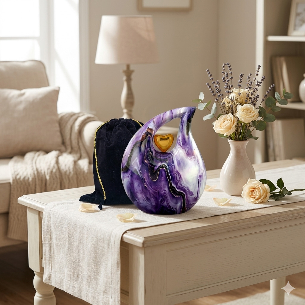 Purple White Marble Teardrop Cremation Urn Adult Human Ashes for Your Love Ones