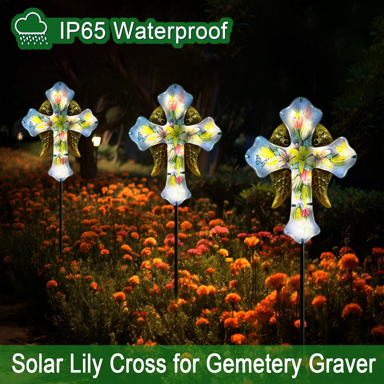 Solar Cross Garden Stakes for Graves,Lily Cemetery Decorations Yard Patio Dec…
