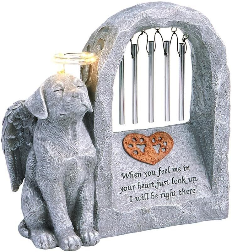 Solar Pet Memorial Figurine Statue Angel Halo Wind Chimes Grave Stone Cat or Dog