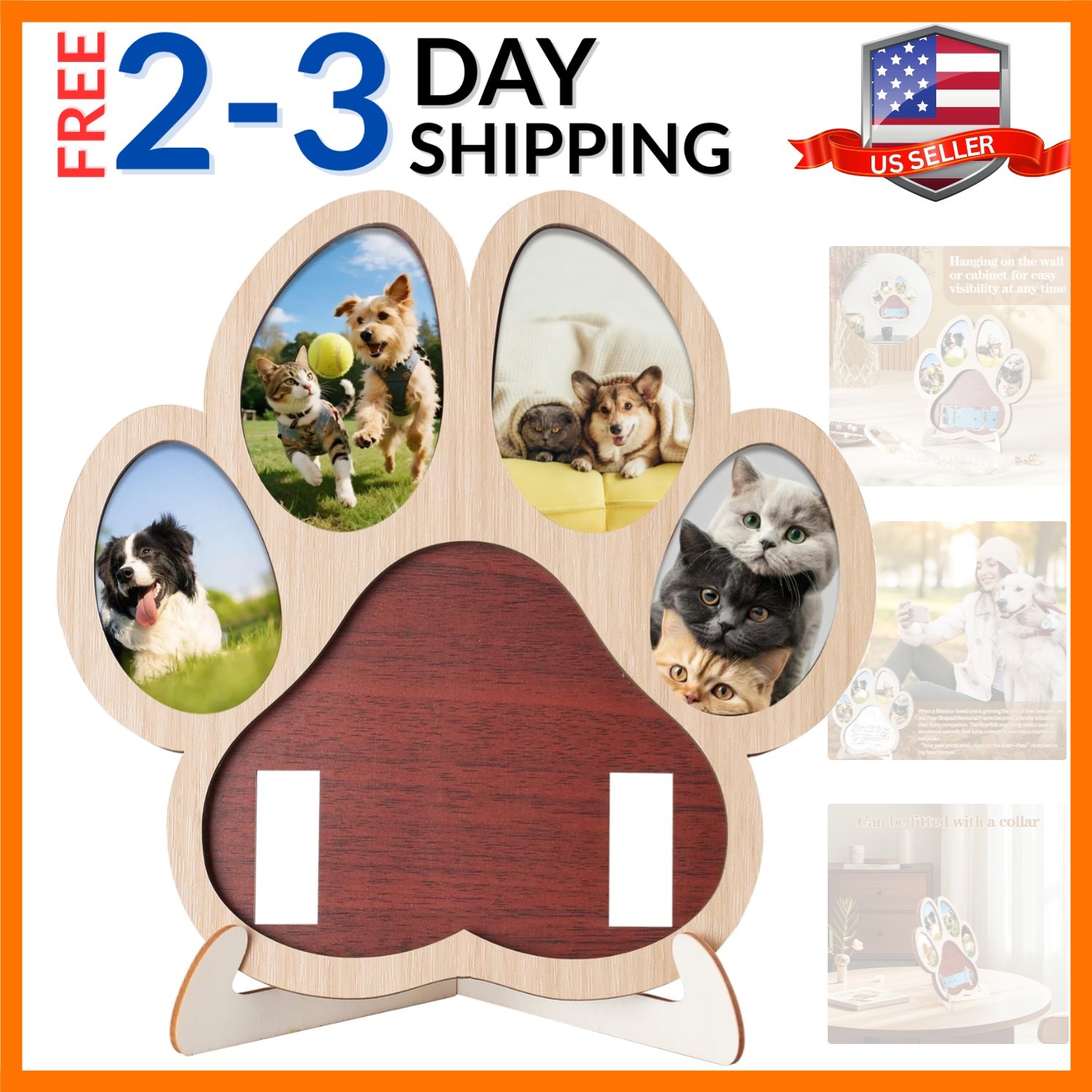 Pet Memorial Paw Photo Frame 4 Photo Collage Display for Dogs & Cats, Dog Kee…