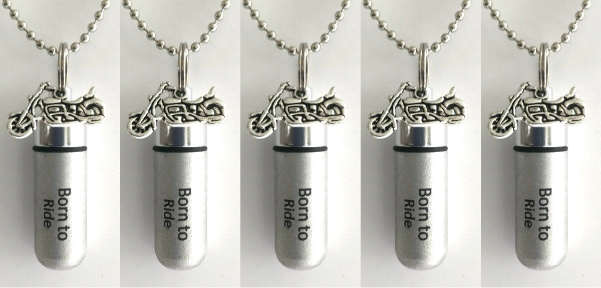 FIVE Brushed Silver “Born To Ride” Motorcycle CREMATION URNS w/Pouches, Chains