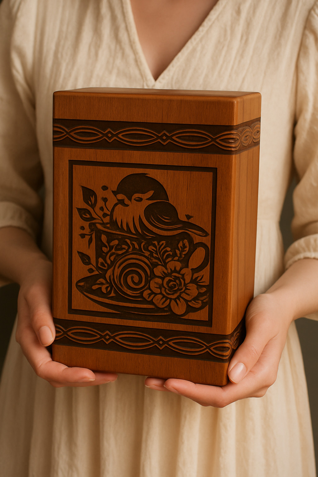 Wooden Keepsake Box with Bird & Floral Engraving | Rustic Tea Cup Urn box human
