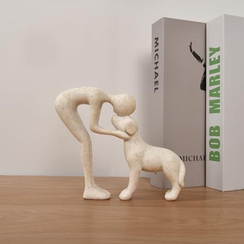 Abstract Resin Hand-Painted Sculpture of Person and Dog Bonding – Sandstone