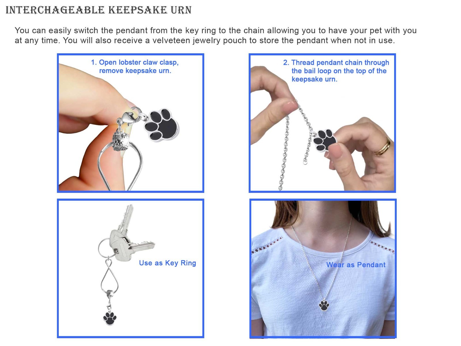 Paw Print Pet Keepsake Urn Interchangeable Necklace or Key Ring Dog Cat Memorial