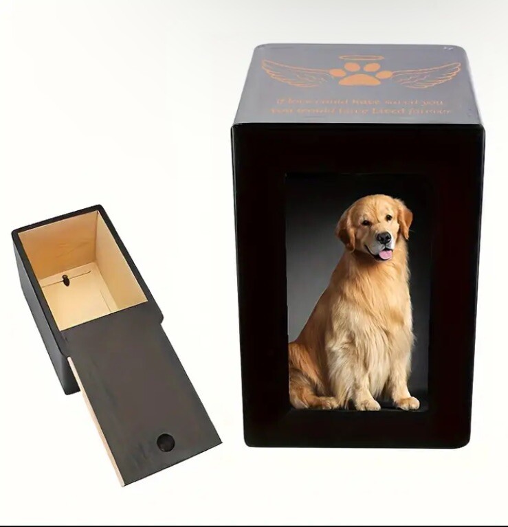 Pet Urn 6″x4″ Photo Dark Brown Keepsake Box Dogs Cats Ashes Memorial Slide Open