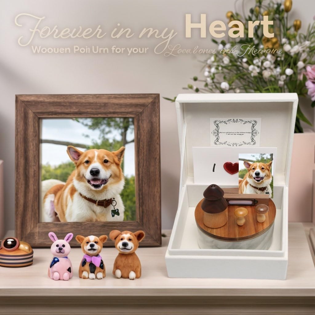 Ceramic & Wood Pet Urn for Ashes Small Dog Cat Memorial Keepsake Urn