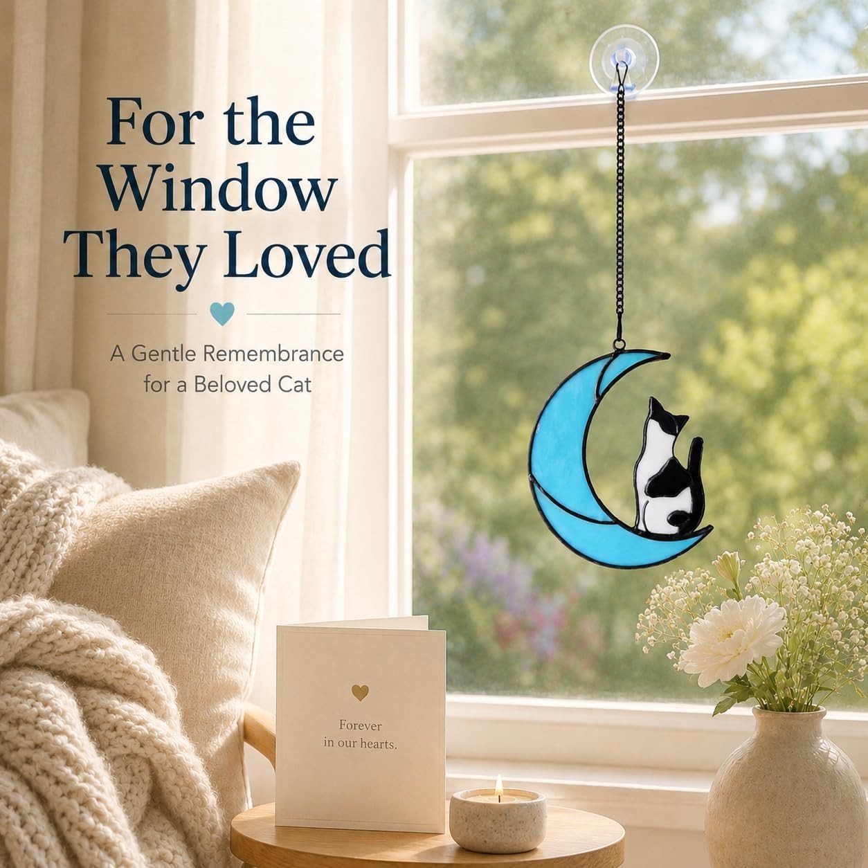Memorial Stained Glass Tuxedo Cat Suncatcher – 5×6 in for Heartfelt Remembrance