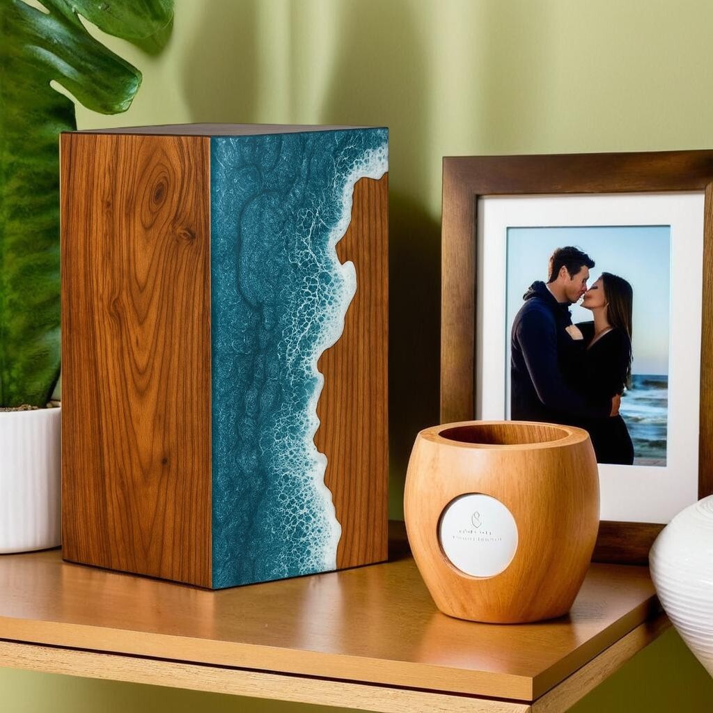 Handcrafted Wooden Ocean Wave Urn for Adult Human Ashes – Memorial Funeral Box