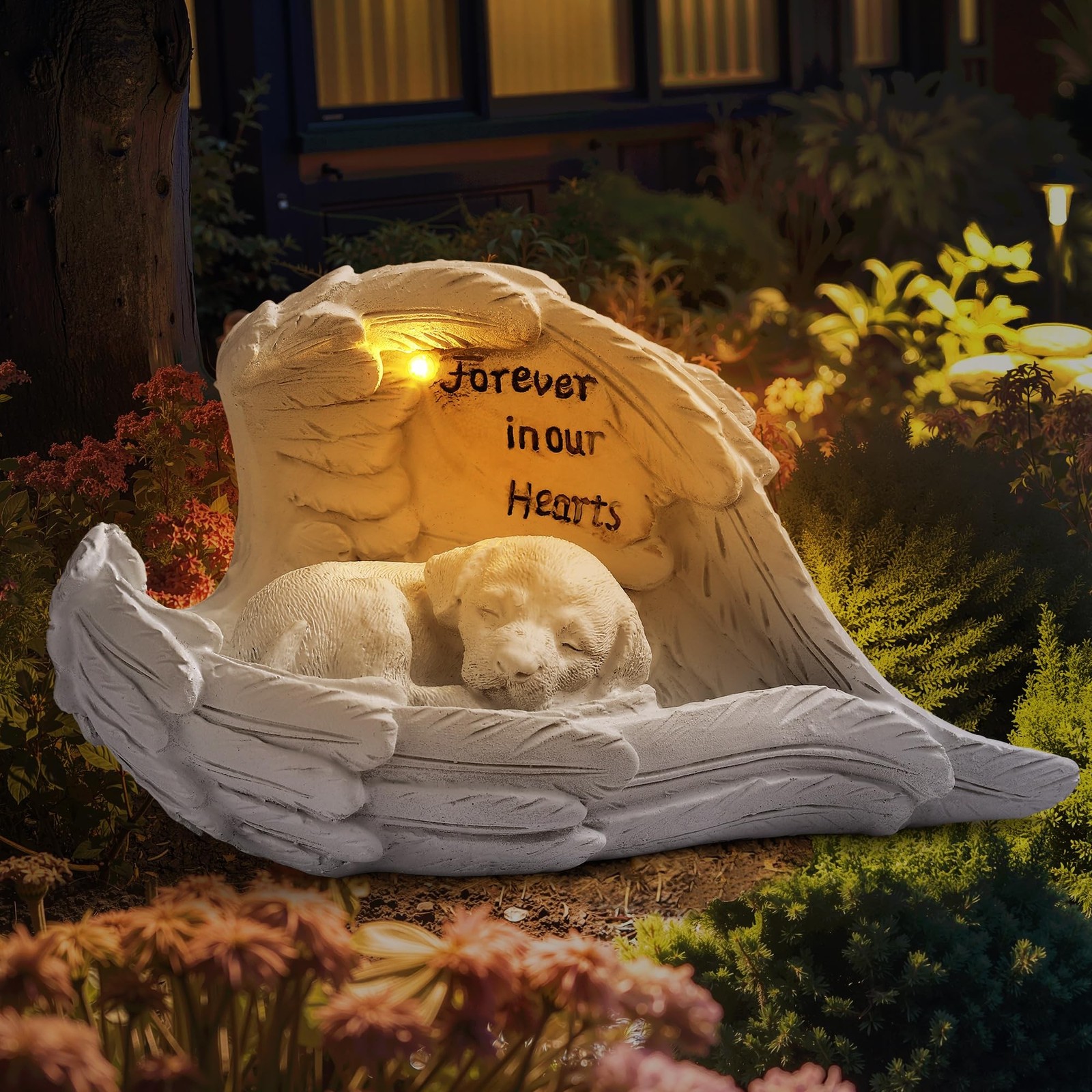 Pet Dog Solar Garden Memorial Statue – Outdoor Resin Angel Puppy with Sola