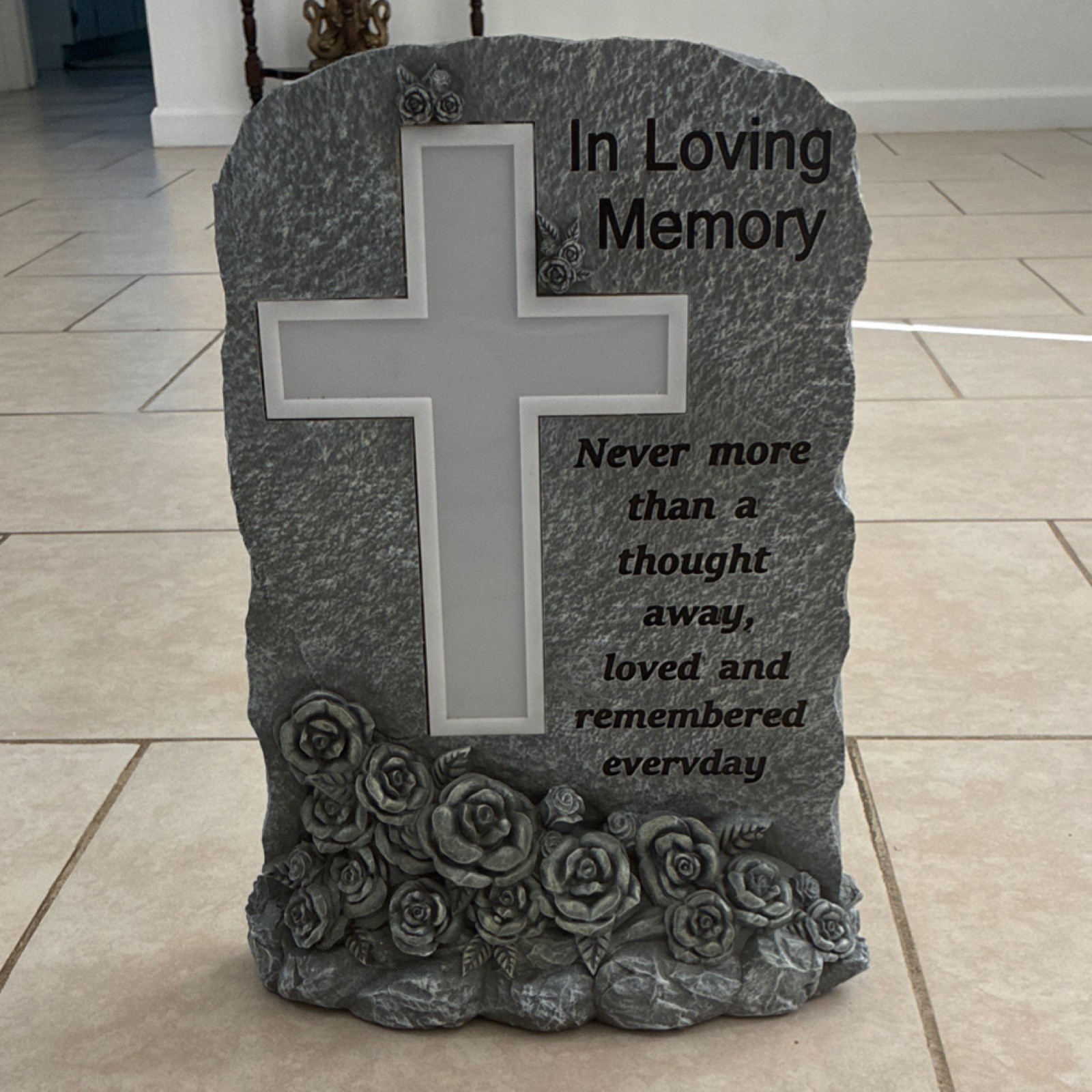 Solar Powered Engraved Memorial Plaque with Cross and Roses, In Loving Memory