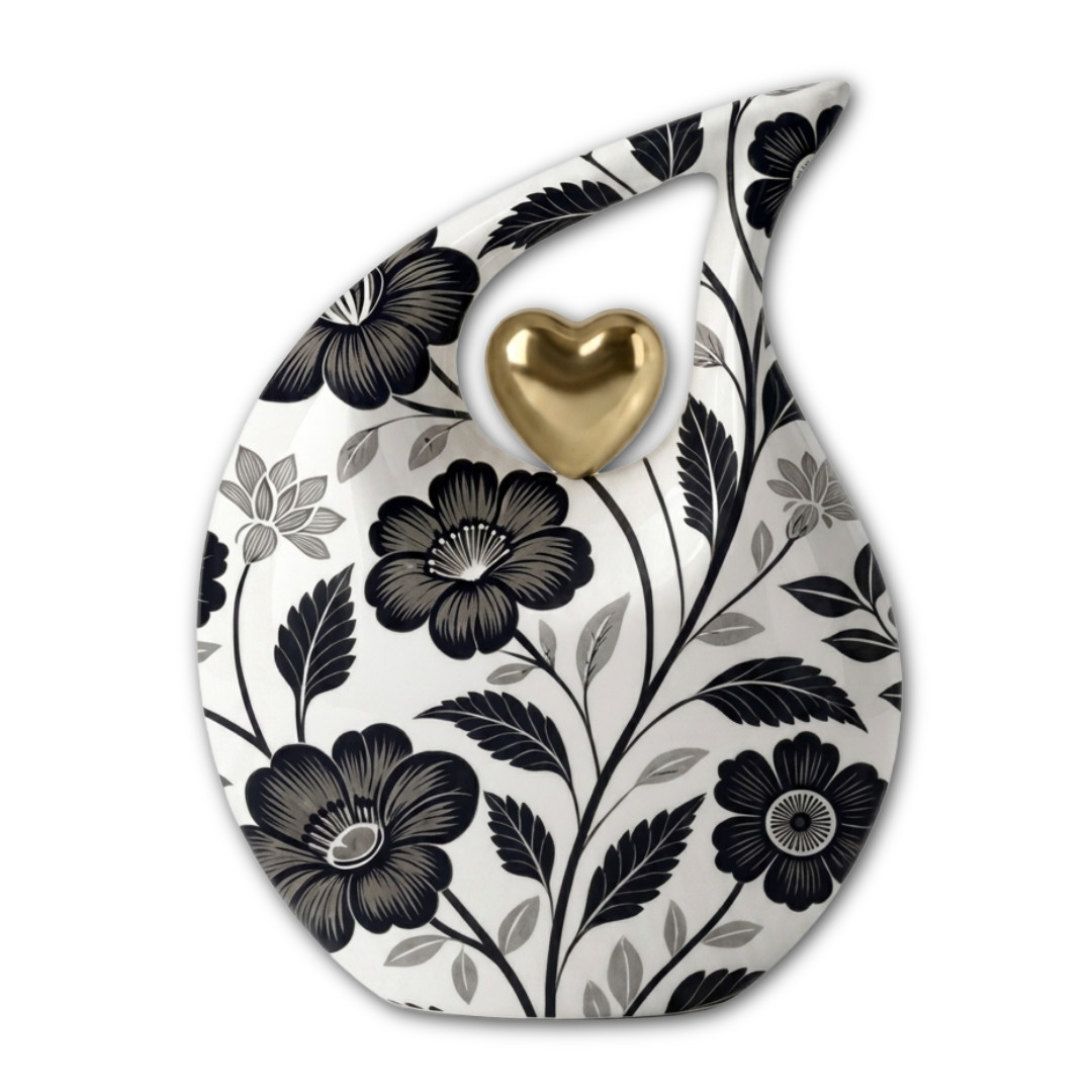 Black White Floral Design Teardrop Cremation Urn for Human Ashes Urns Your Love