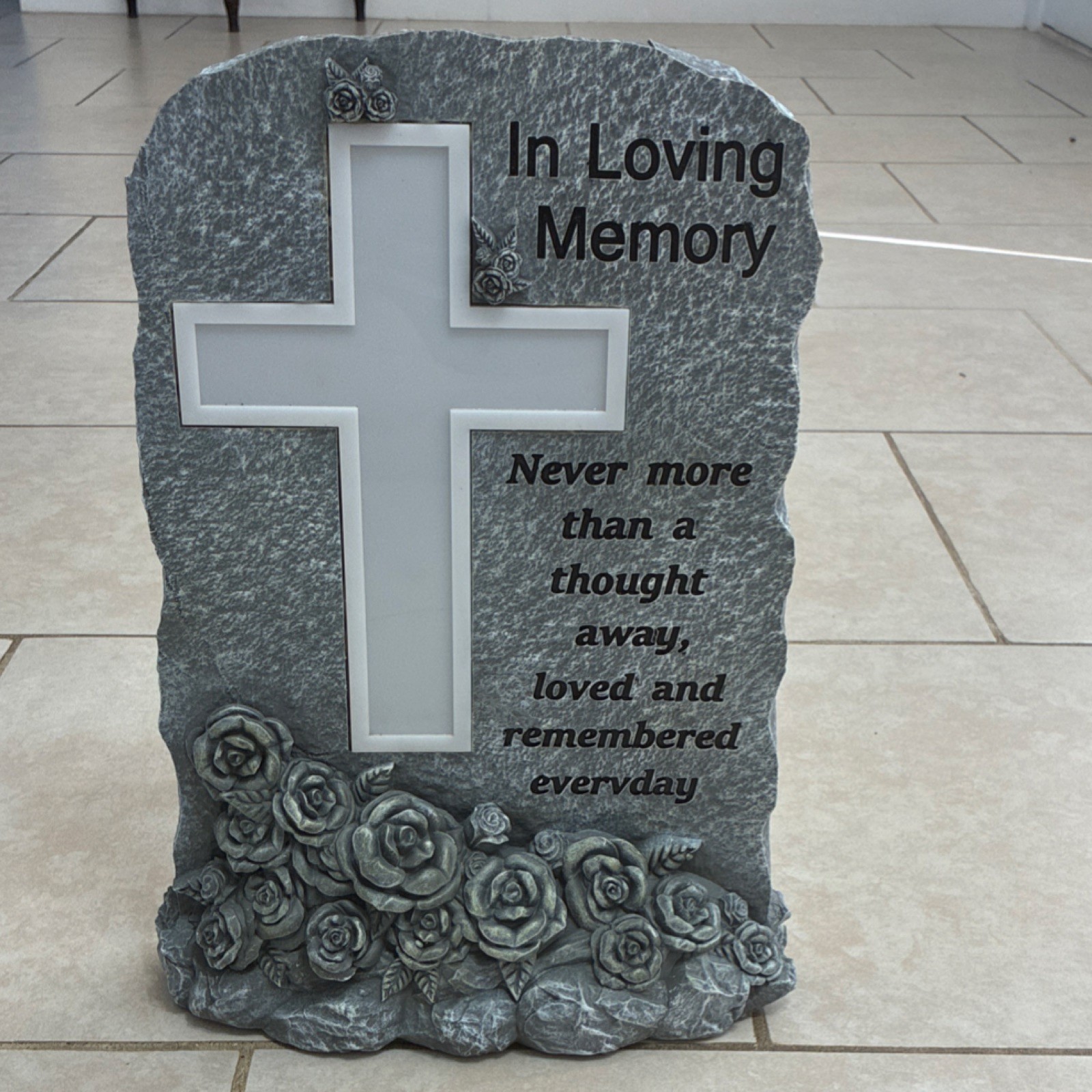 Solar Powered Engraved Memorial Plaque with Cross and Roses, In Loving Memory