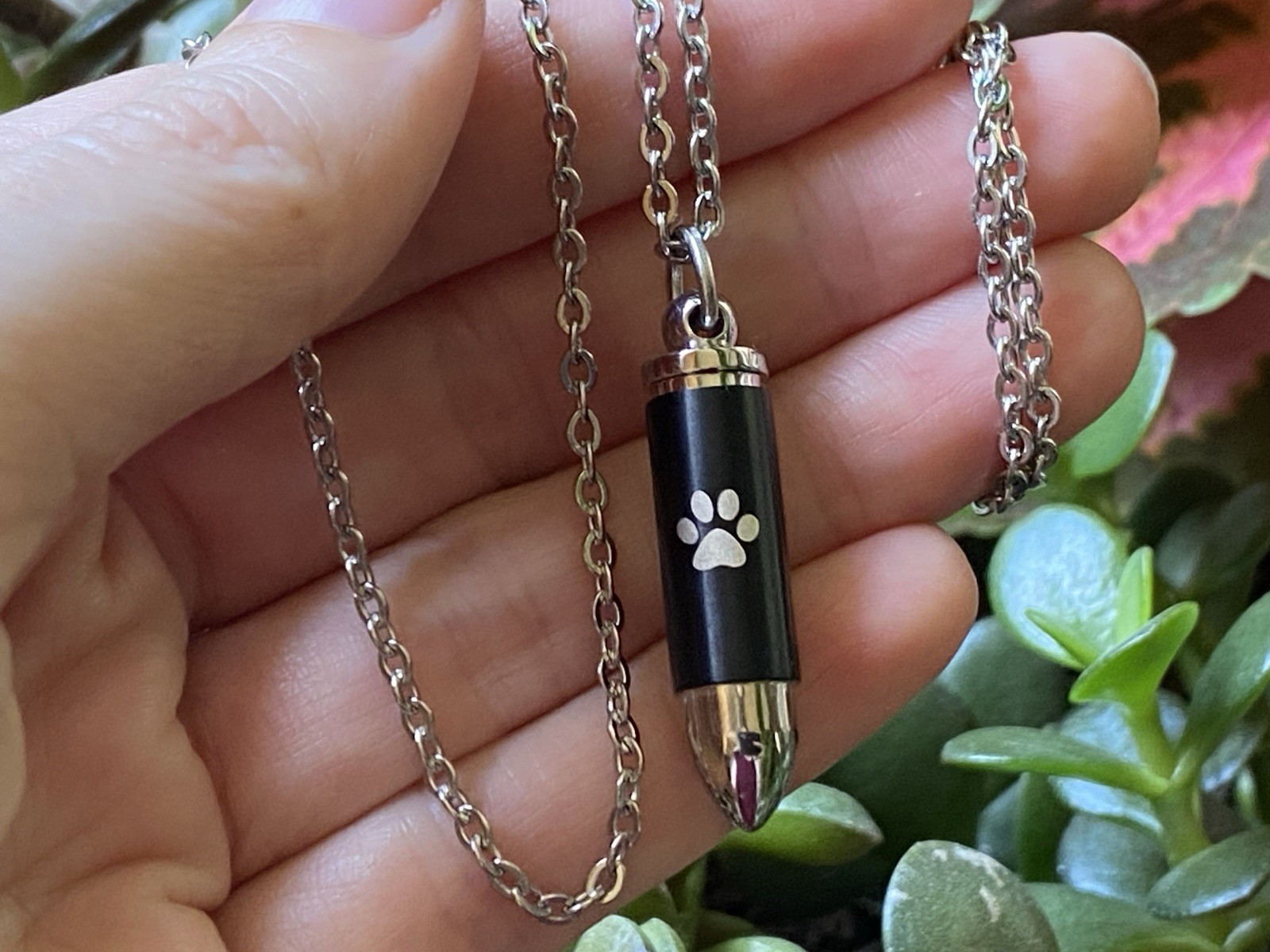 Mens Bullet Cremation Necklace Pendant Urn 4 Ashes SMALL VIAL Pet Paw Print Dog