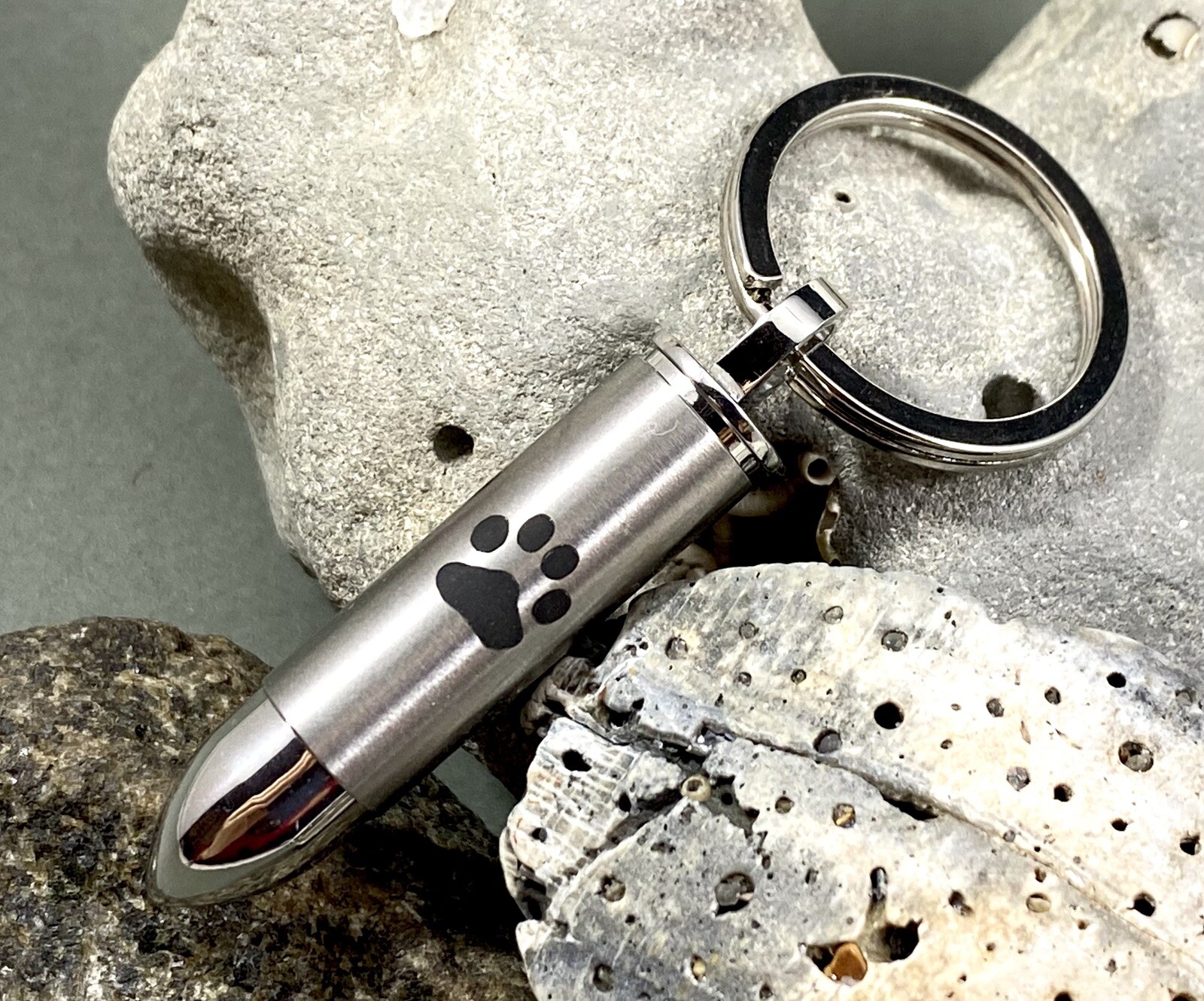 Mens Bullet Cremation Necklace Pendant Urn 4 Ashes LARGE VIAL Pet Paw Print Dog