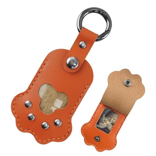 Pet Memorial Keychain,Dog Hair Keychain, Handmade Full Grain Sunset Orange